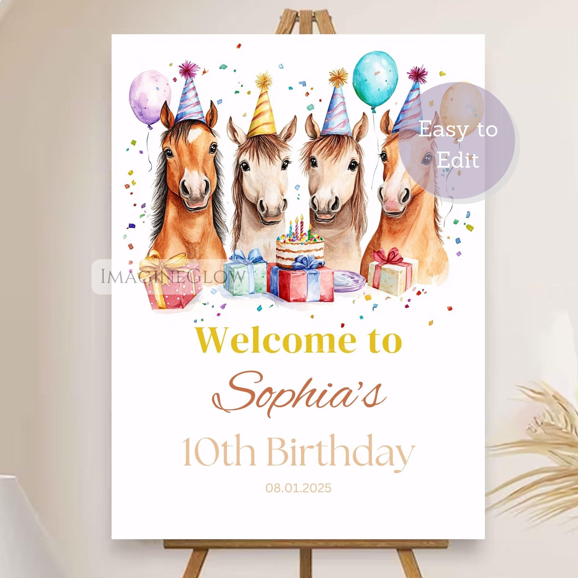 Birthday party sign with four horses wearing party hats and balloons, on a white background.