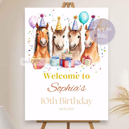Birthday party sign with four horses wearing party hats and balloons, on a white background.