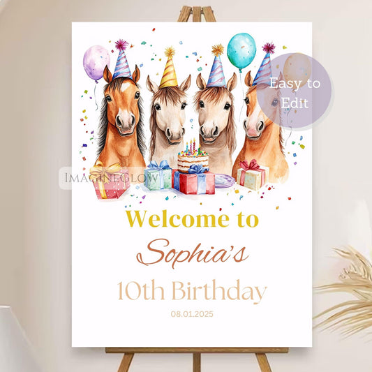 Birthday party sign with four horses wearing party hats and balloons, on a white background.