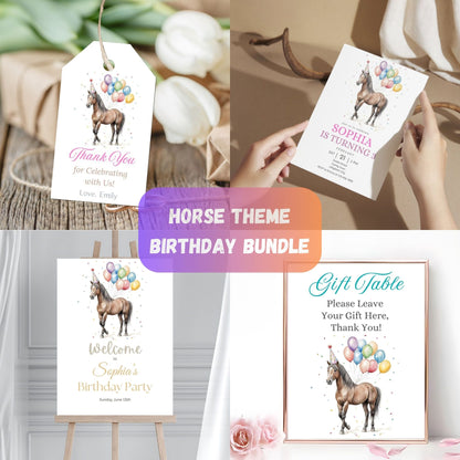 Horse-themed birthday invitation template, part of a printable bundle. Include favor tags, invitation, table sign, welcome sign, cupcake toppers and thank you card.