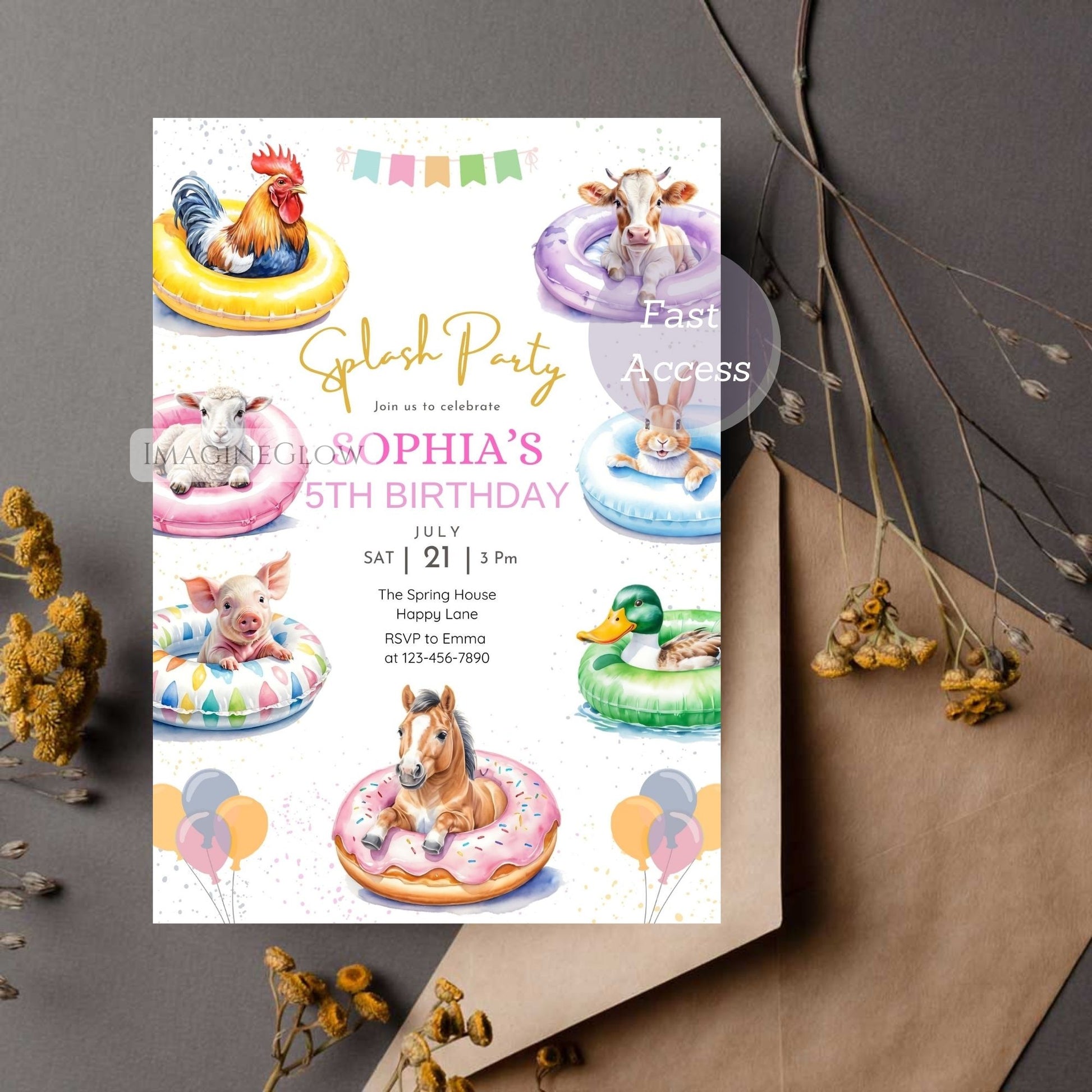 piglet chicken duck cow lamb rabbit party invite
