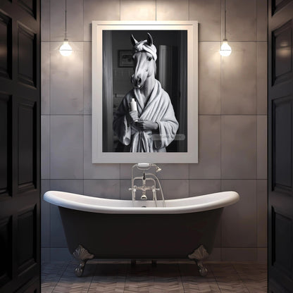 Humorous horse print for restroom walls
Horse print bathroom wall art gift