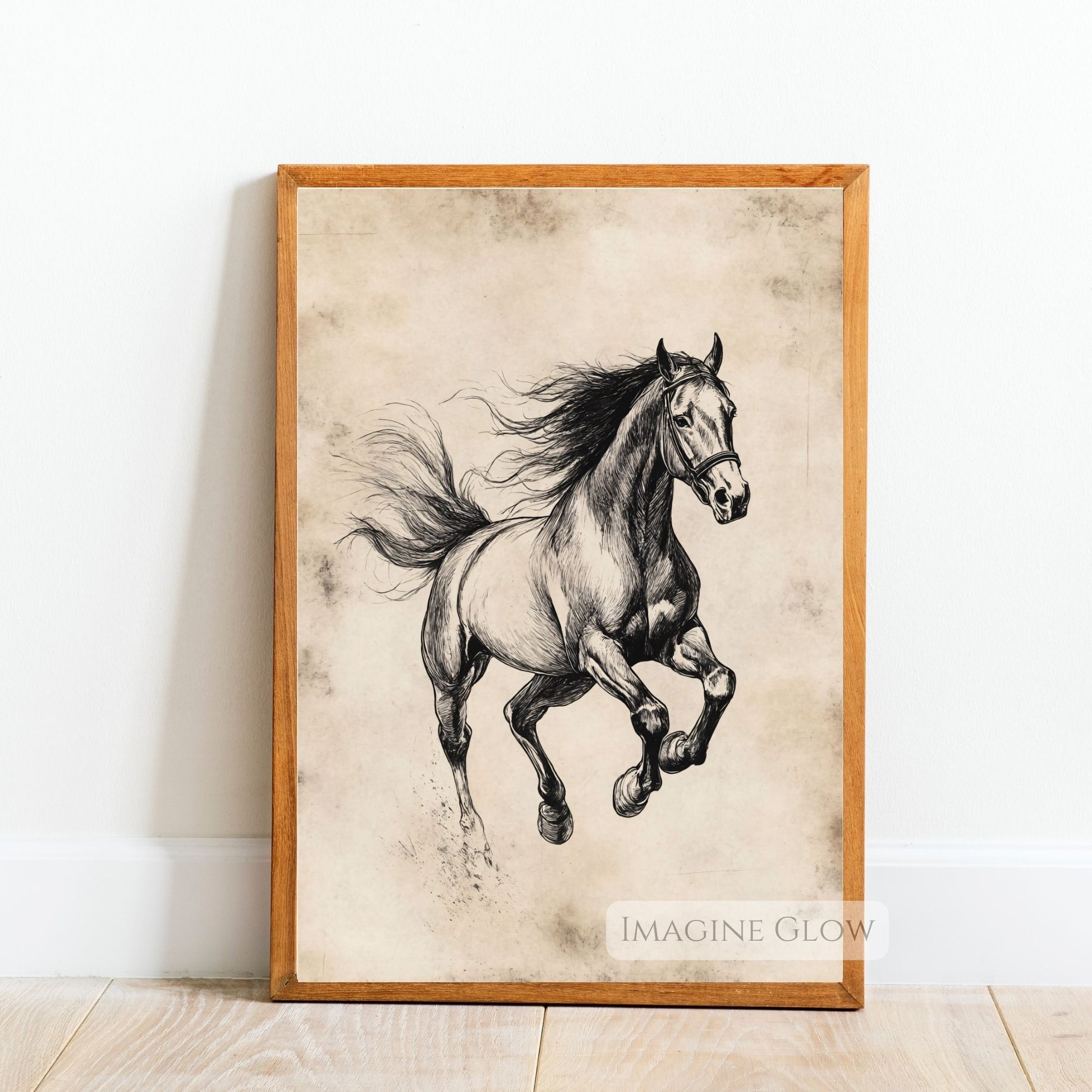 Detailed pencil sketch of a horse in motion for animal lovers.
