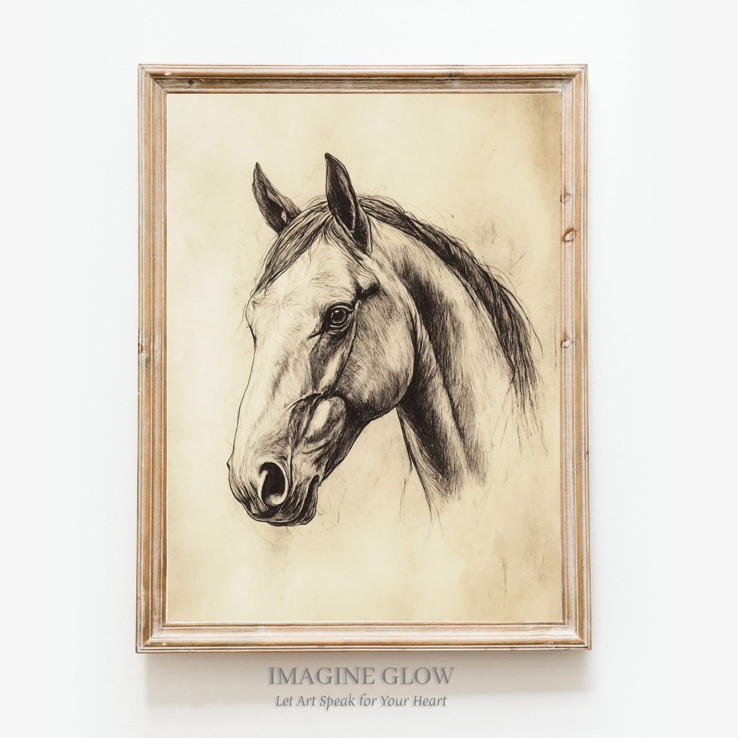 Vintage horse sketch art print in pencil.
