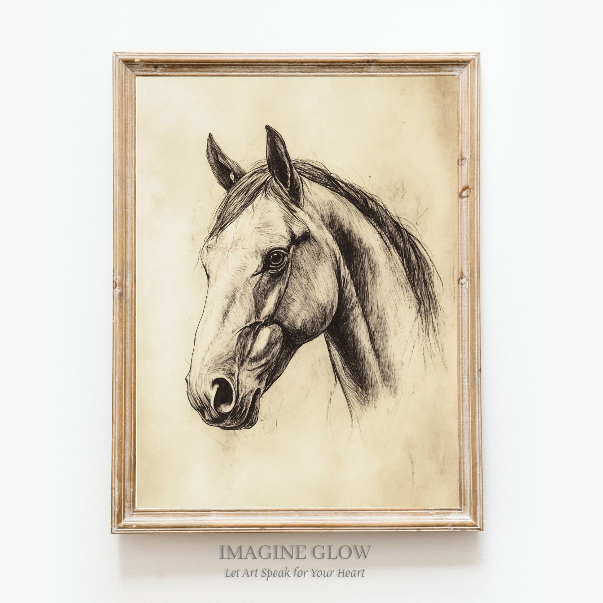 Vintage horse sketch art print in pencil.
