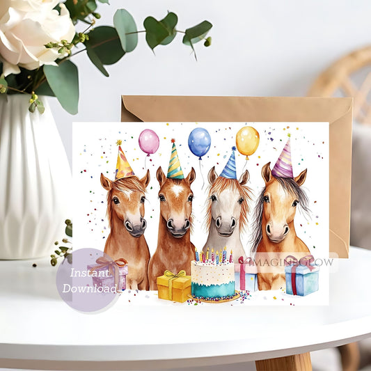 Birthday card with four horses wearing party hats, a cake, and balloons on a white surface.