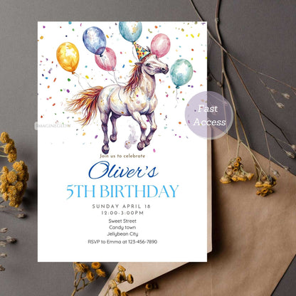 Horse-themed birthday party invite with balloon design