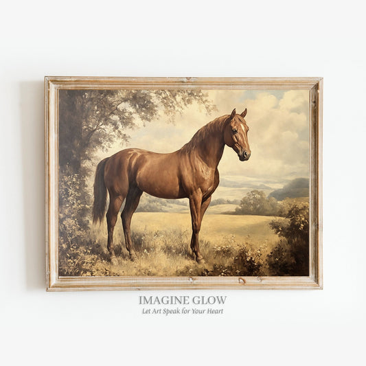 Vintage horse art print featuring a rustic landscape.
