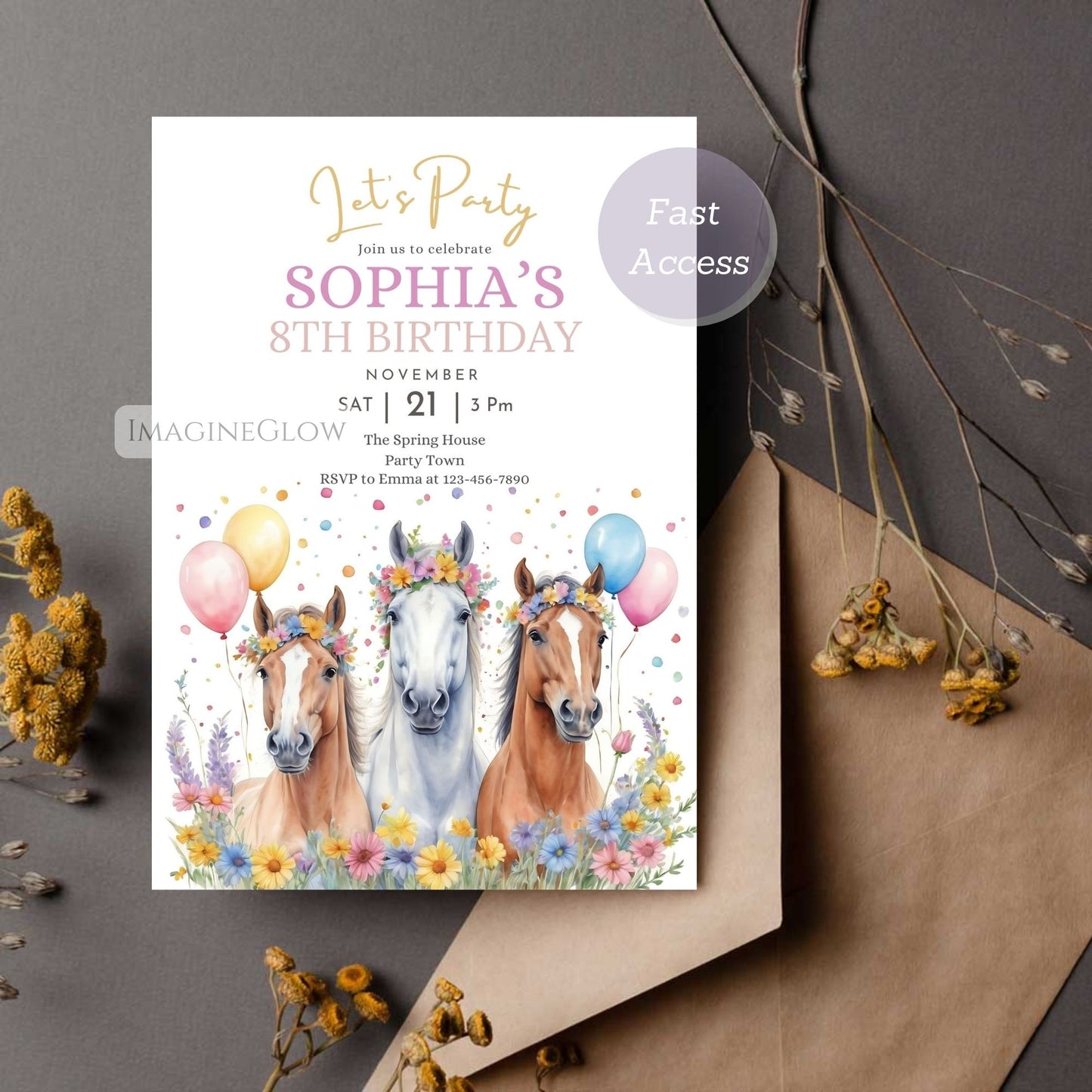 Birthday invitation card with horses and balloons spring horse birthday evite
