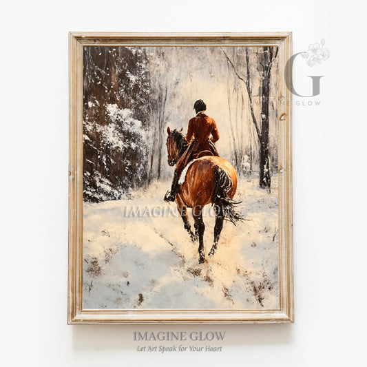 Vintage horseback riding art showing a rider trotting through a snowy winter landscape.
Horse and rider in a serene winter scene, featured in vintage equestrian artwork.