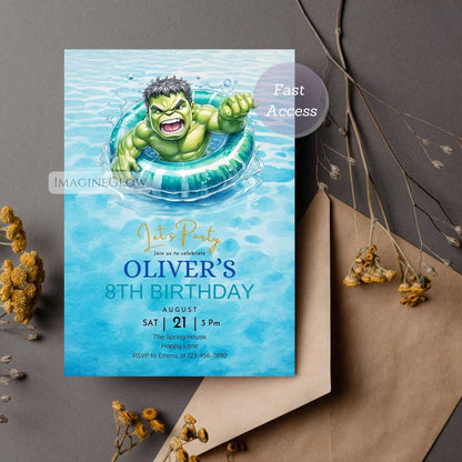Hulk Pool Party Birthday Invitation – Superhero Summer Invite Editable