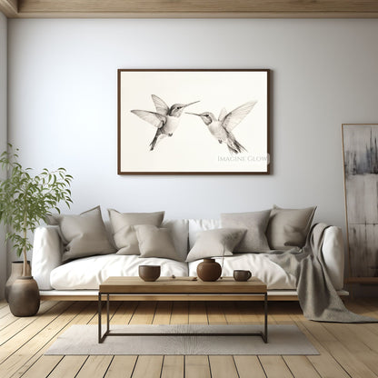 Delicate two hummingbirds sketch for printable art.


