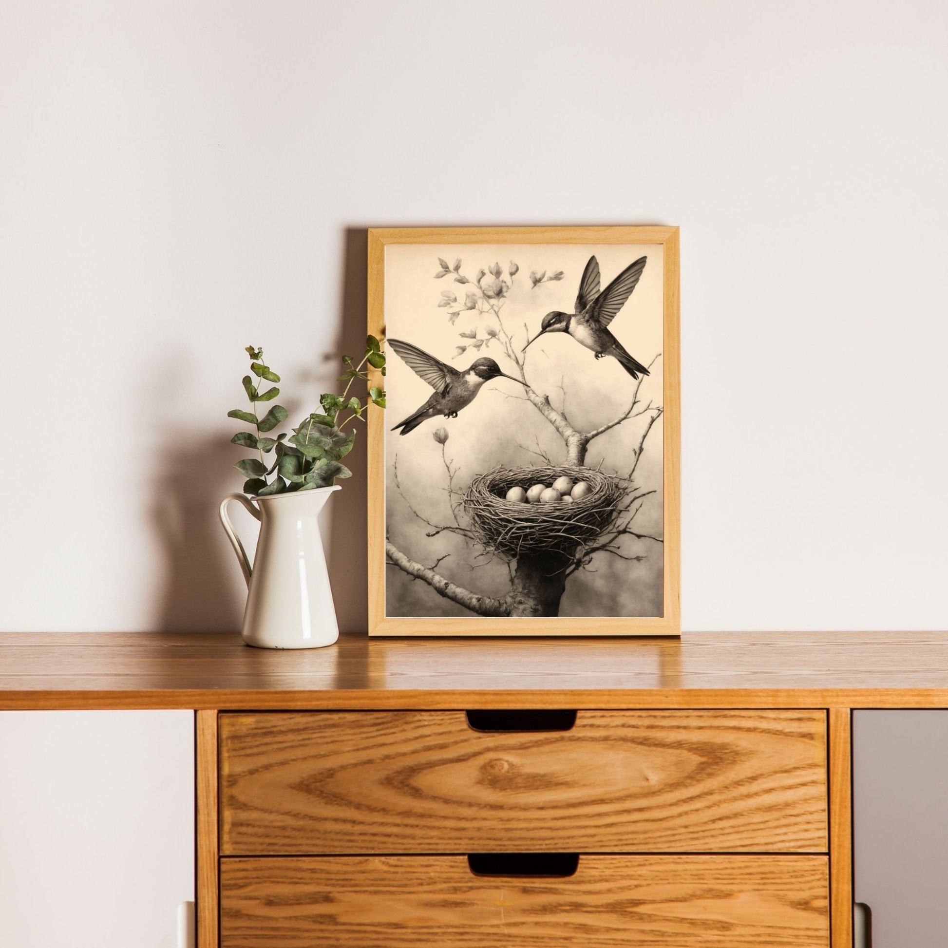 Botanical bird illustration with hummingbird nest
