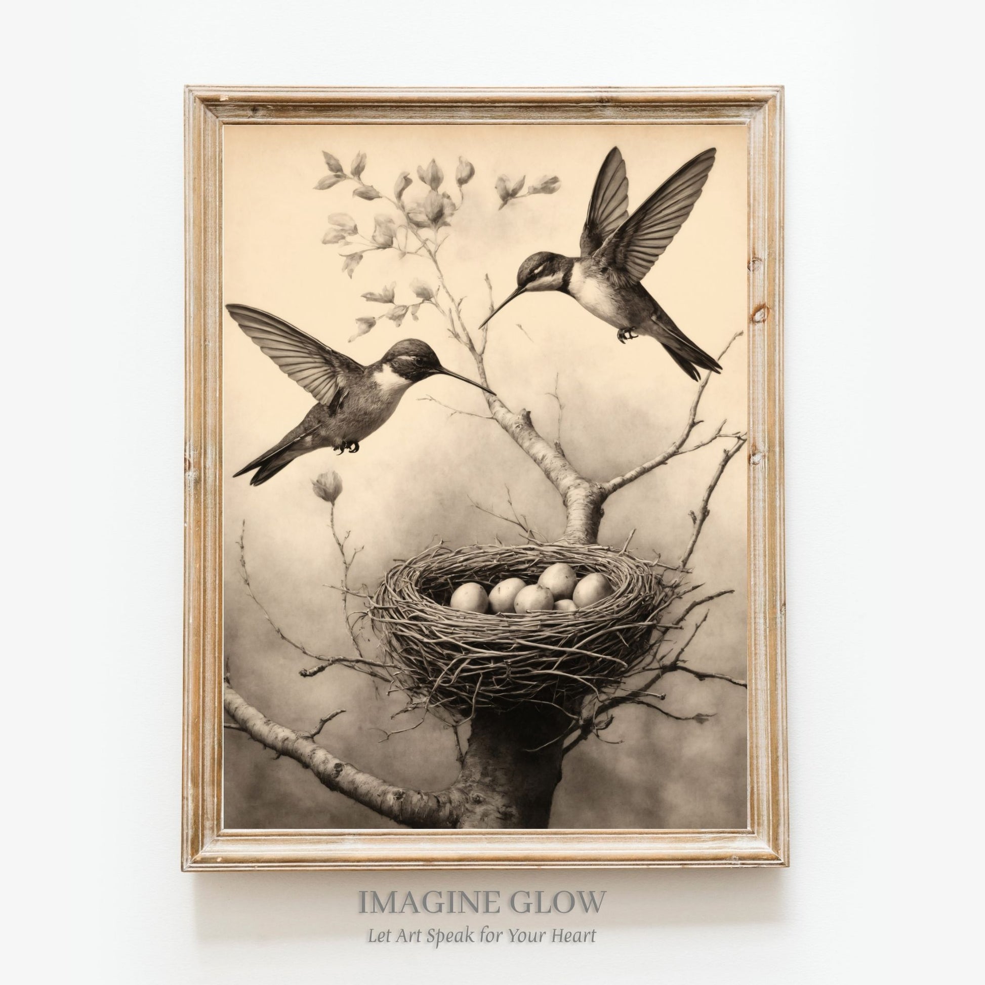 Antique ornithology print of two hummingbirds
