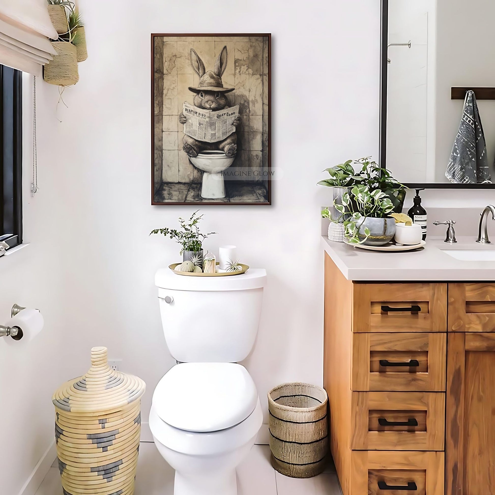 Quirky animal bathroom art featuring a rabbit on a toilet.
