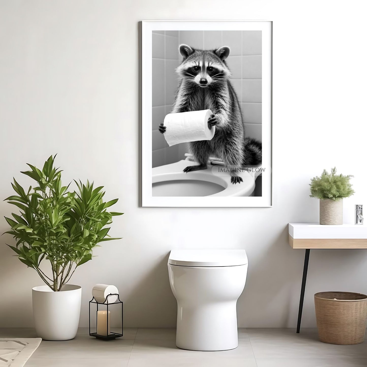 Bathroom wall art featuring a raccoon and toilet paper.
