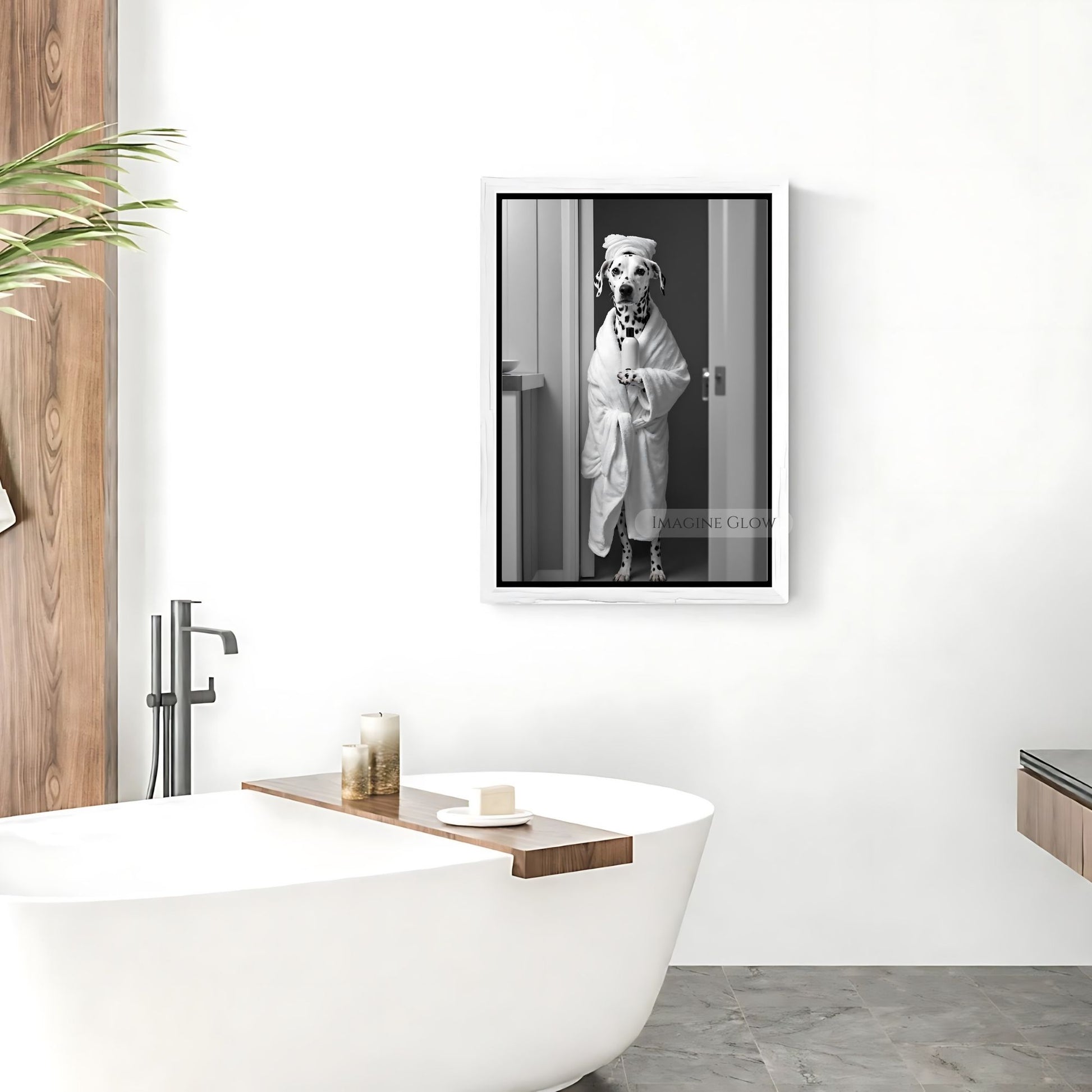 Stylish Dalmatian bathrobe photo art for bathroom walls
