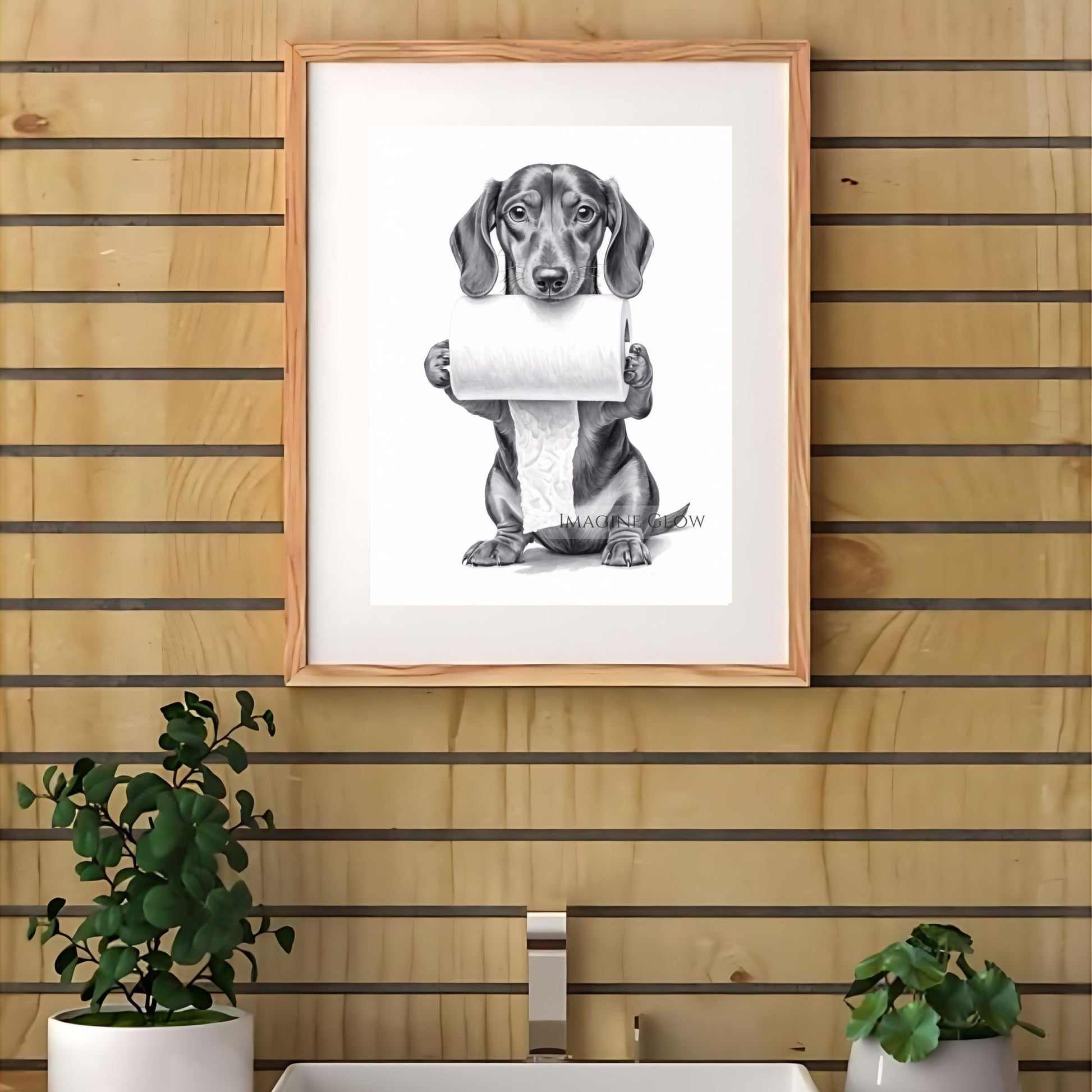 Cute Dachshund print perfect for bathroom or pet-themed decor.
