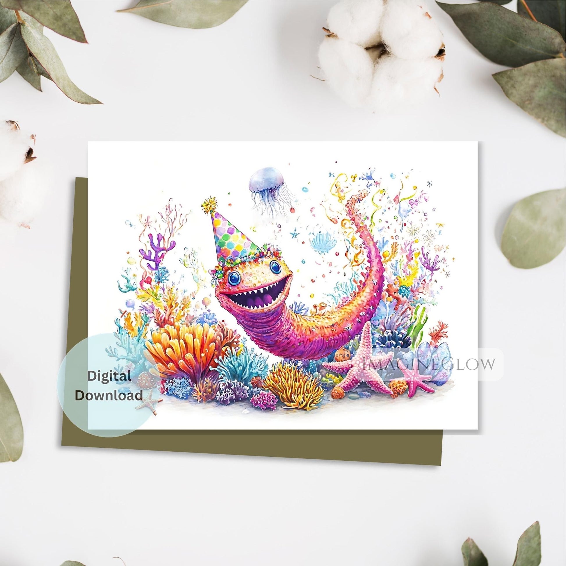 Colorful underwater scene with a fish and coral on a white card