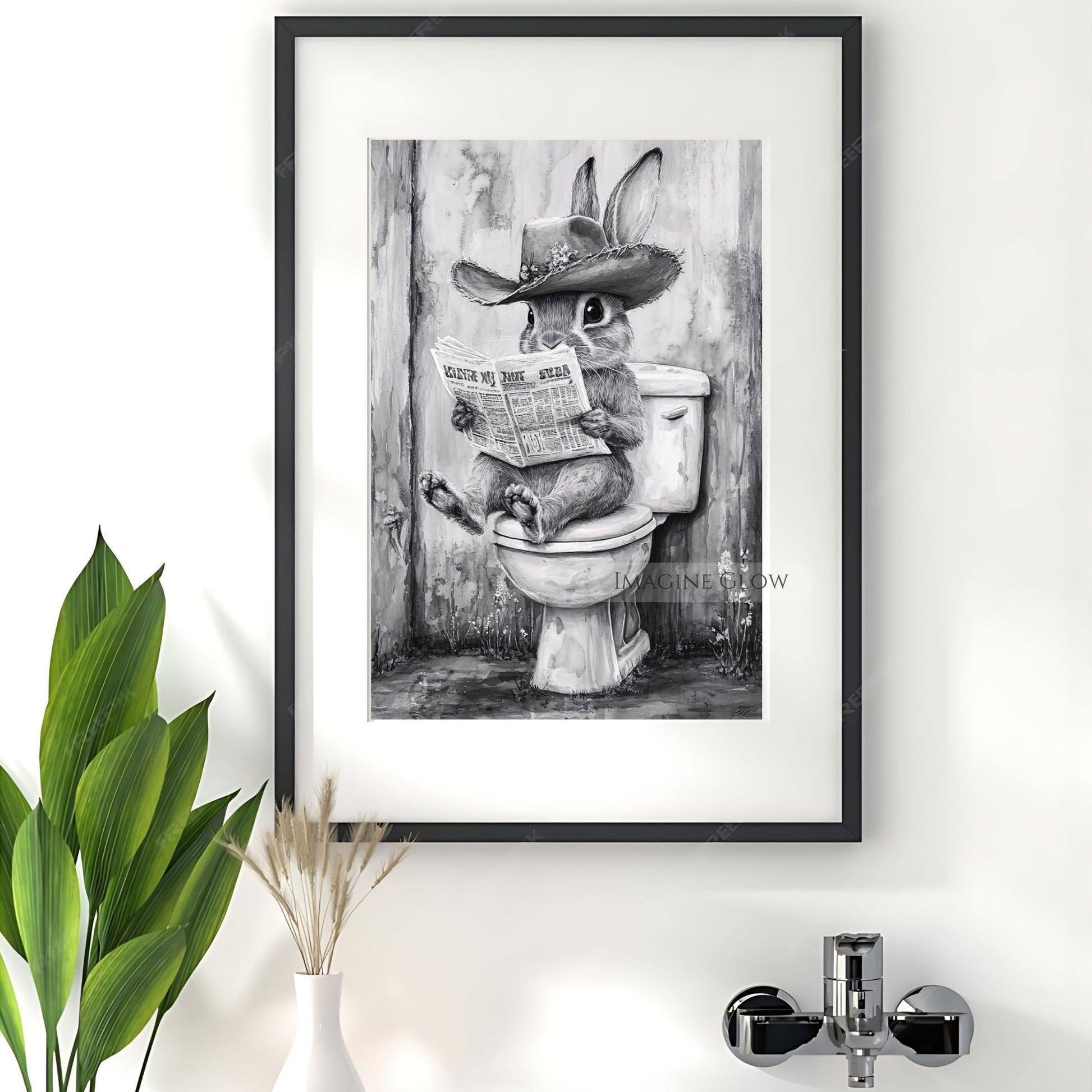 Playful rabbit bathroom decor for restroom or nursery wall.
