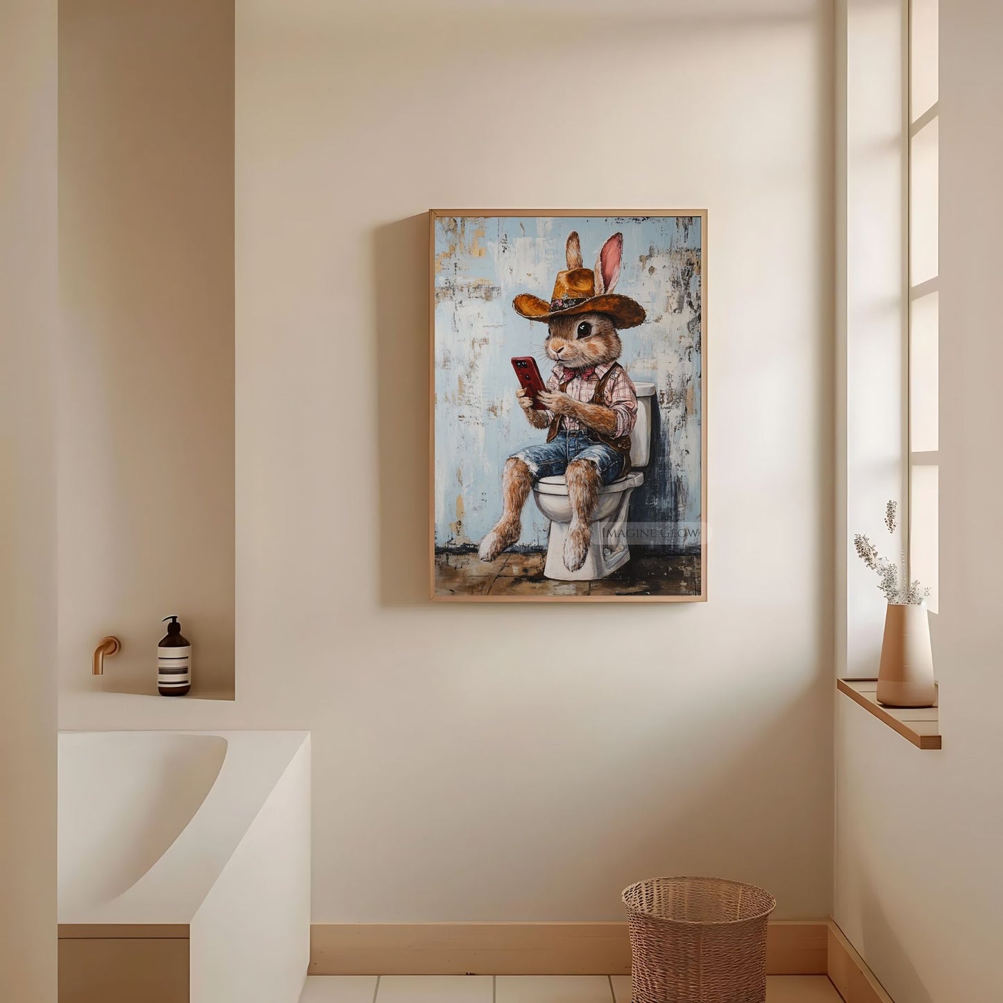 Cowboy rabbit playing mobile phone on toilet digital print.
