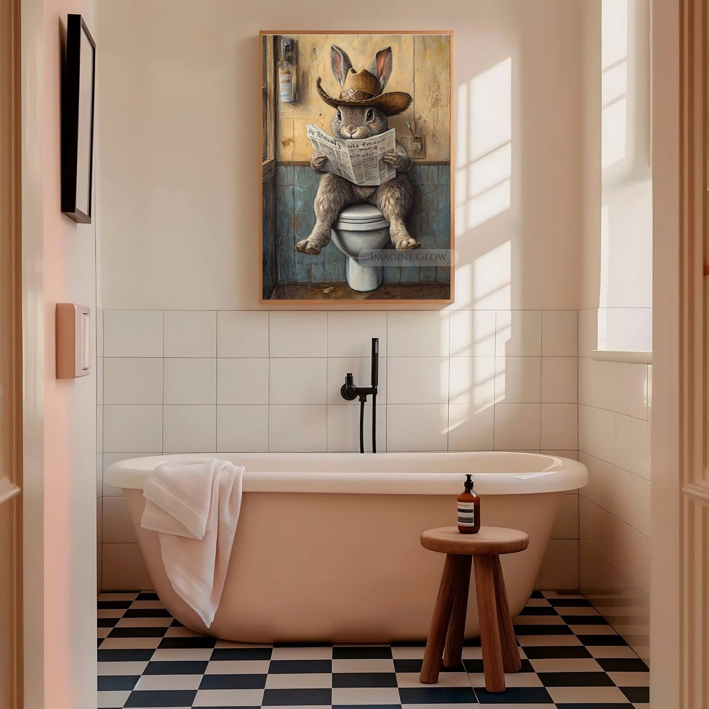 Quirky wall art rabbit on toilet whimsical design.
