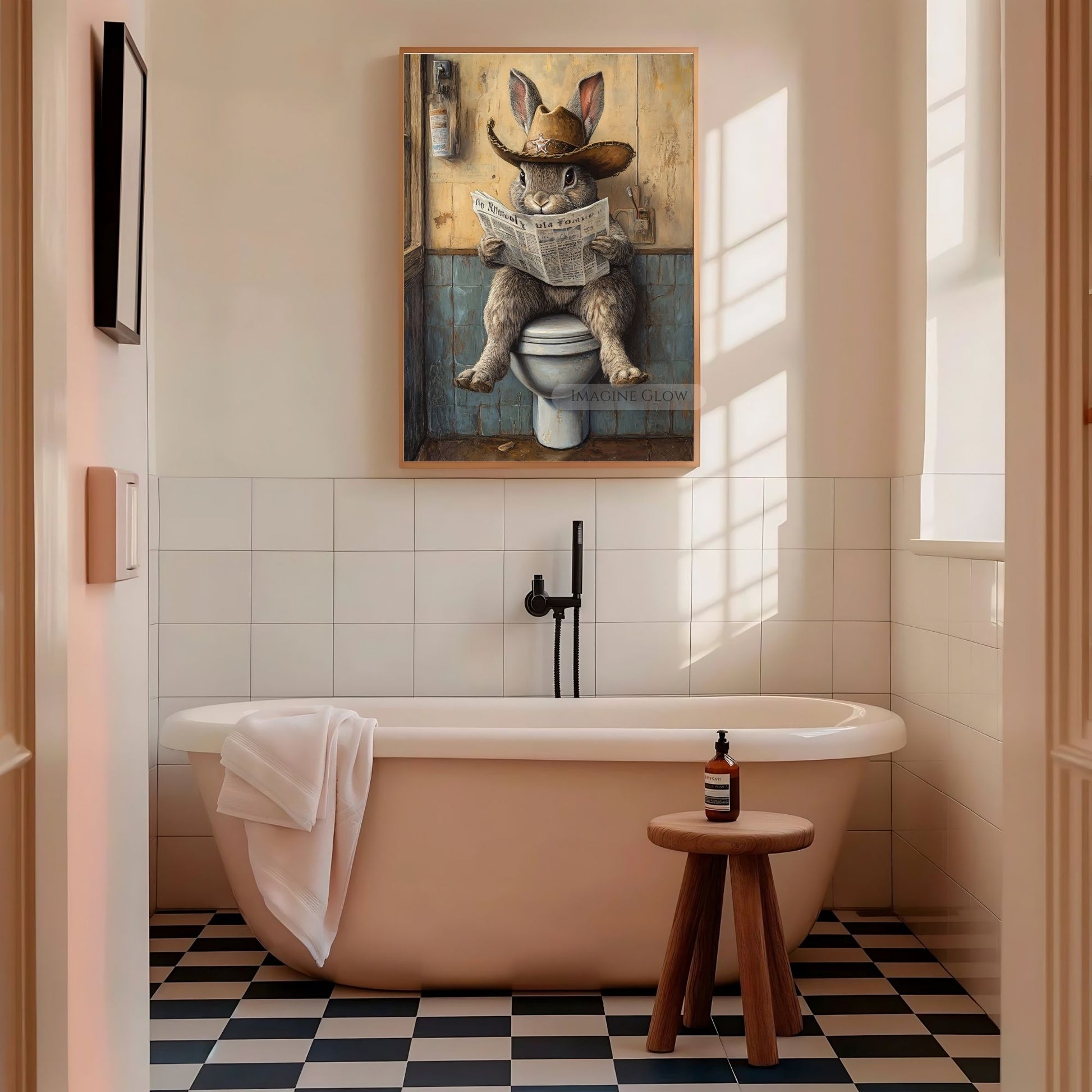 Quirky wall art rabbit on toilet whimsical design.
