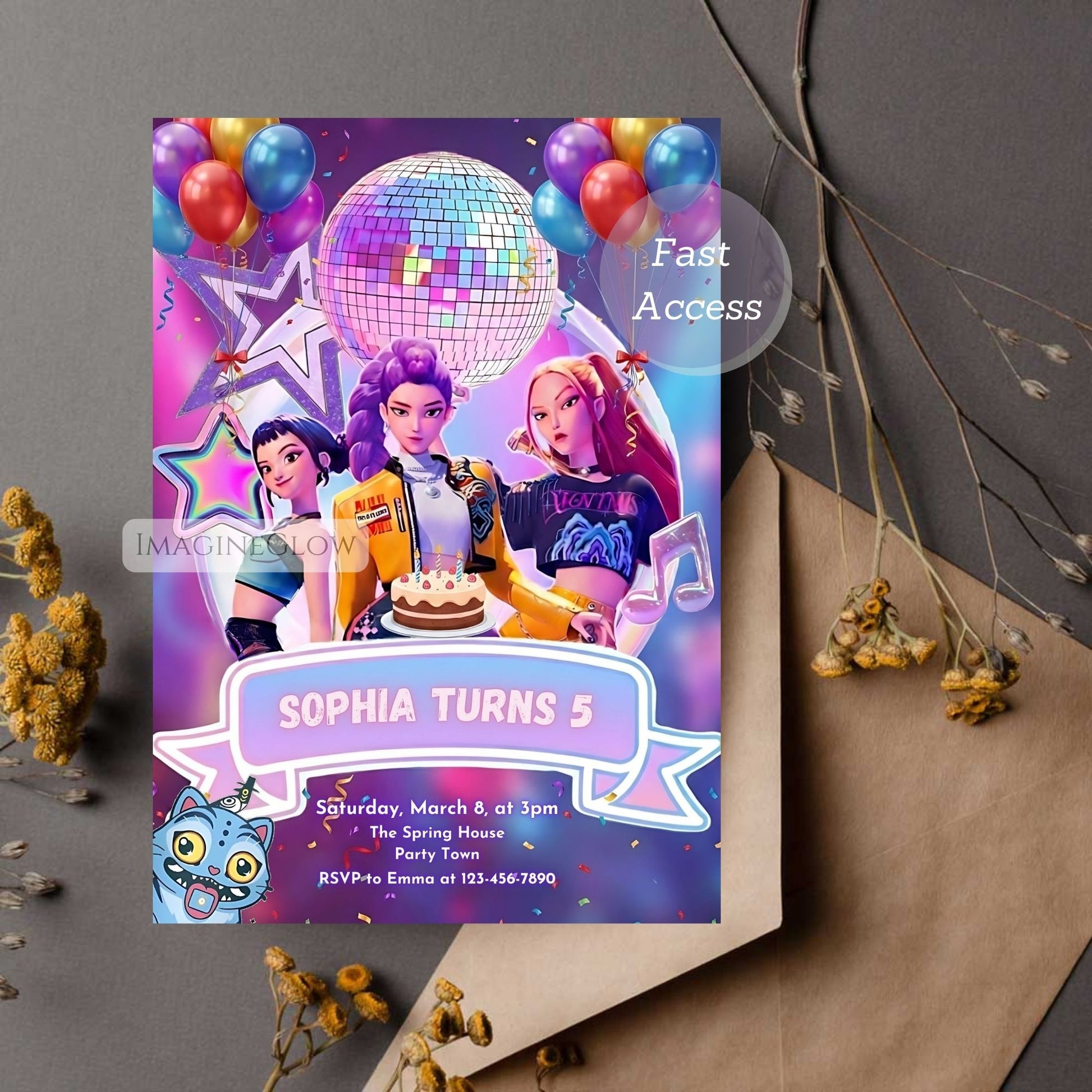 Children's birthday party invitation with colorful balloons and disco ball on a gray surface.