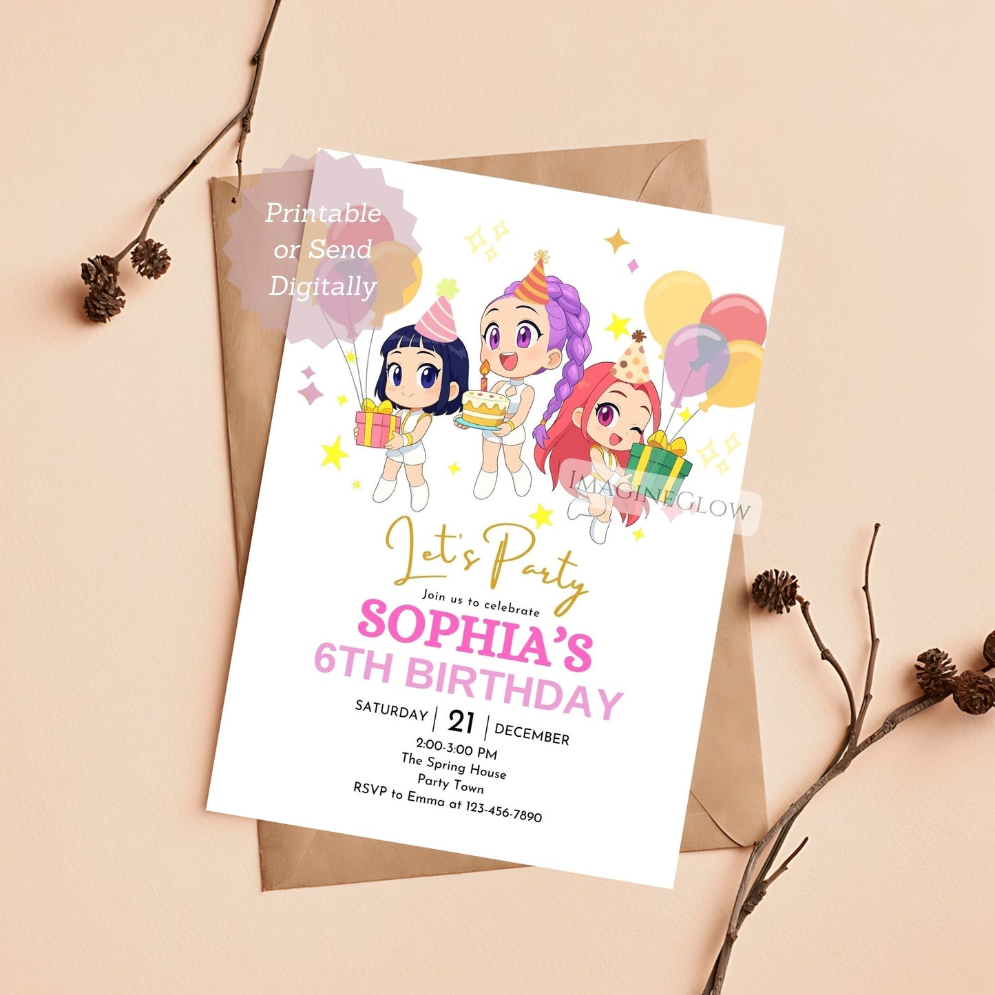 digital kpop demon hunters birthday card
huntrix themed anime invitation printable
