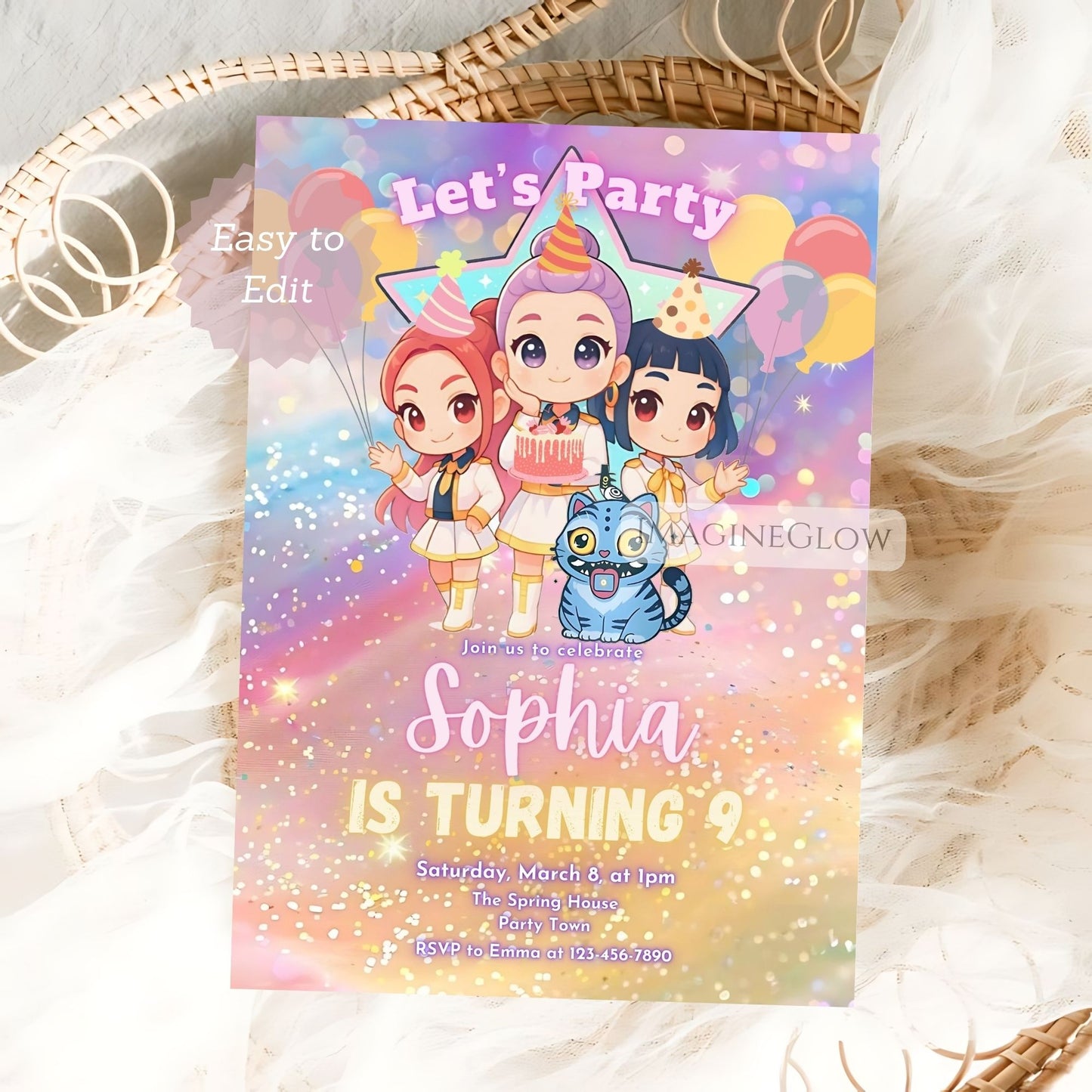 demon hunters party invitation
huntrix birthday invite template
