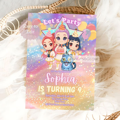 demon hunters party invitation
huntrix birthday invite template
