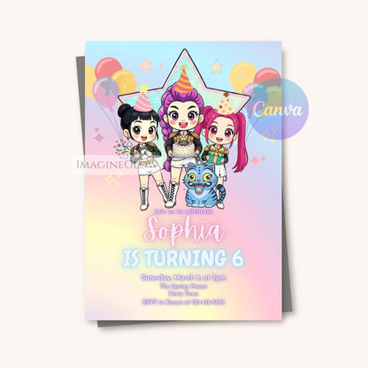 Printable KPOP Demon Hunters birthday invitation with HUNTRIX
