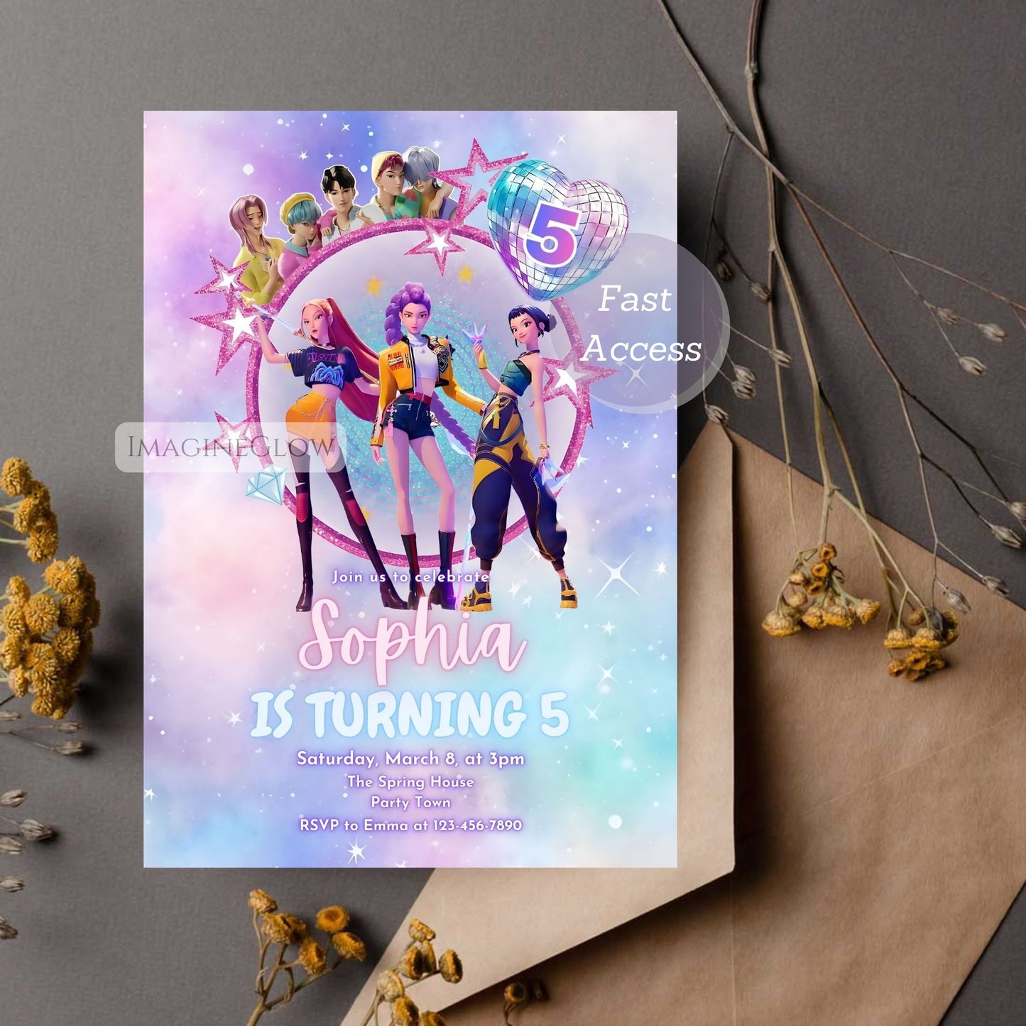 Digital KPOP birthday invitation with HUNTRIX anime girl

