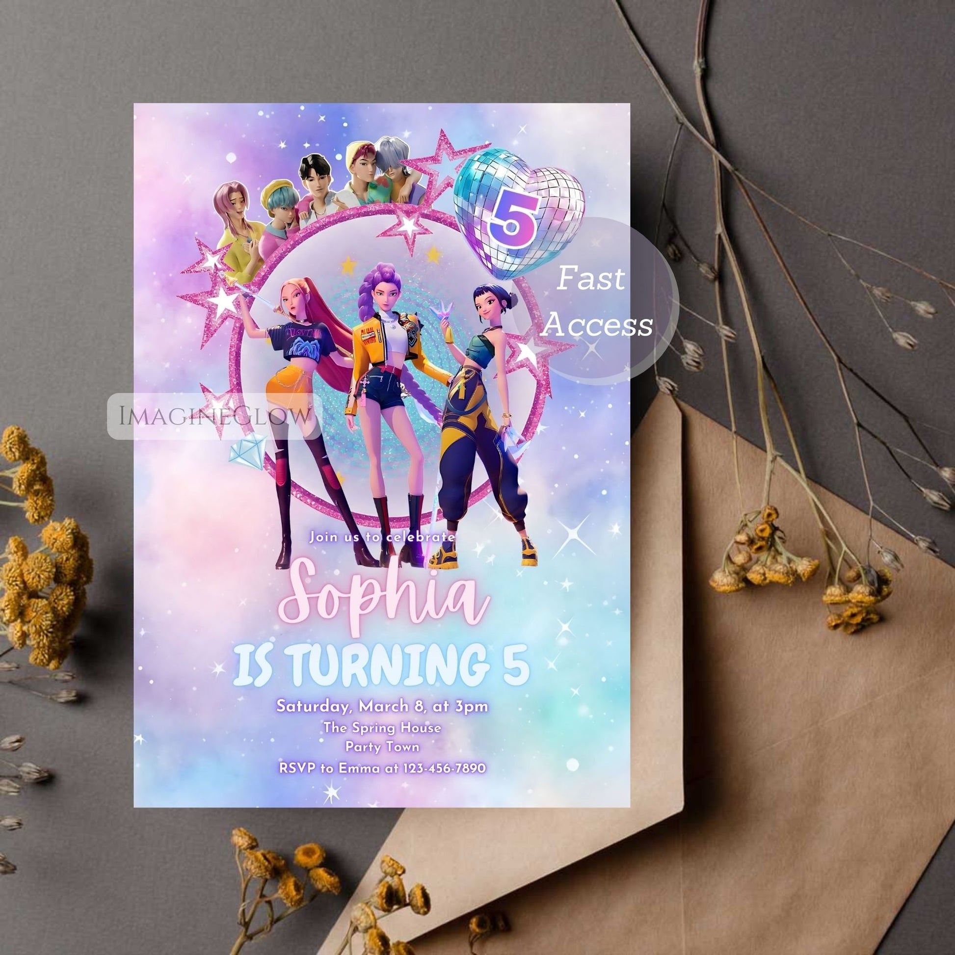Digital KPOP birthday invitation with HUNTRIX anime girl
