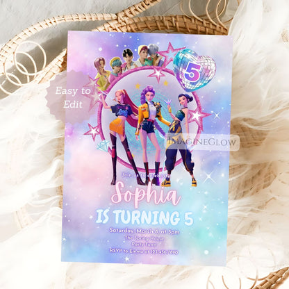 Colorful HUNTRIX party invite for anime and KPOP fans

