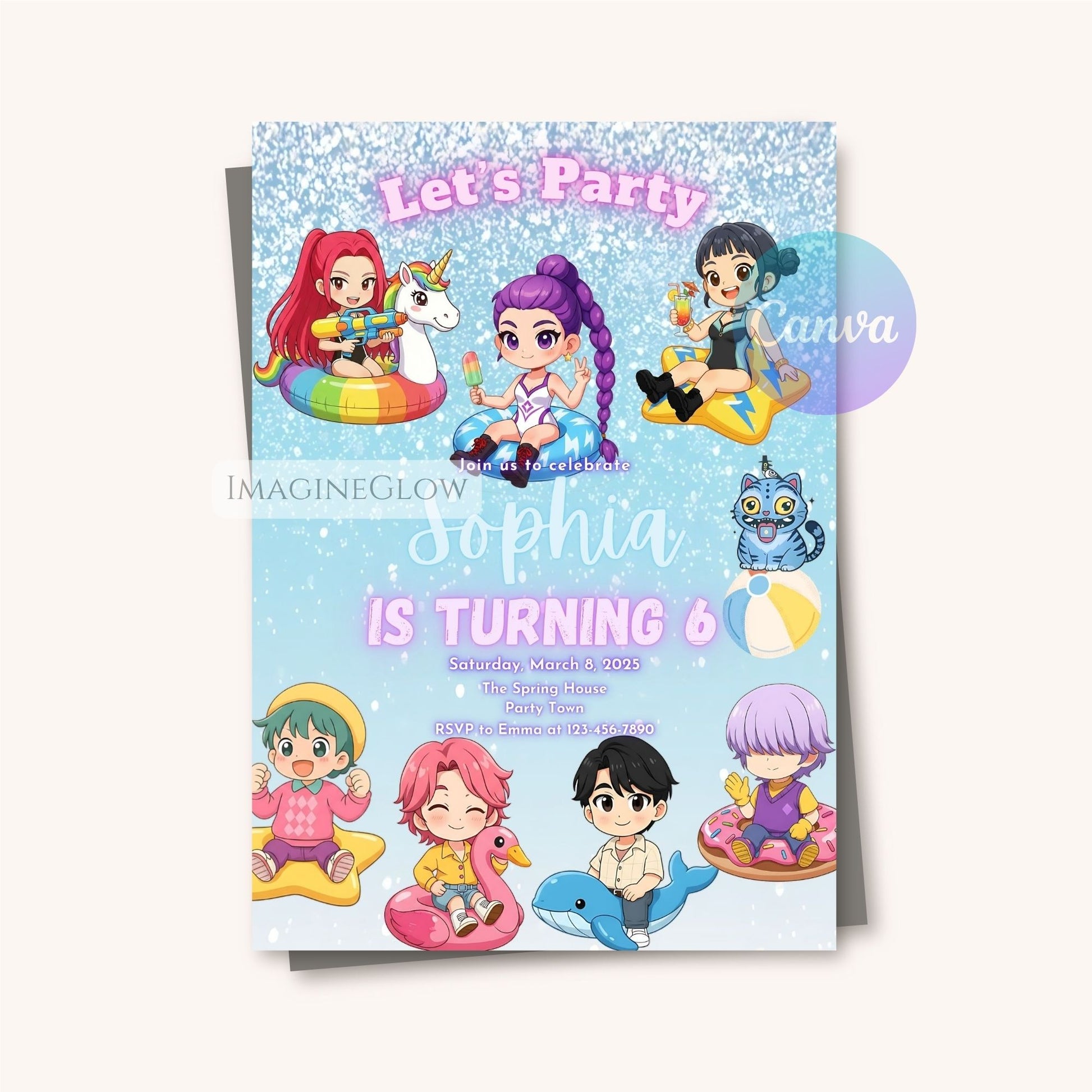 huntrix anime swim party invite
kpop summer birthday invitation
