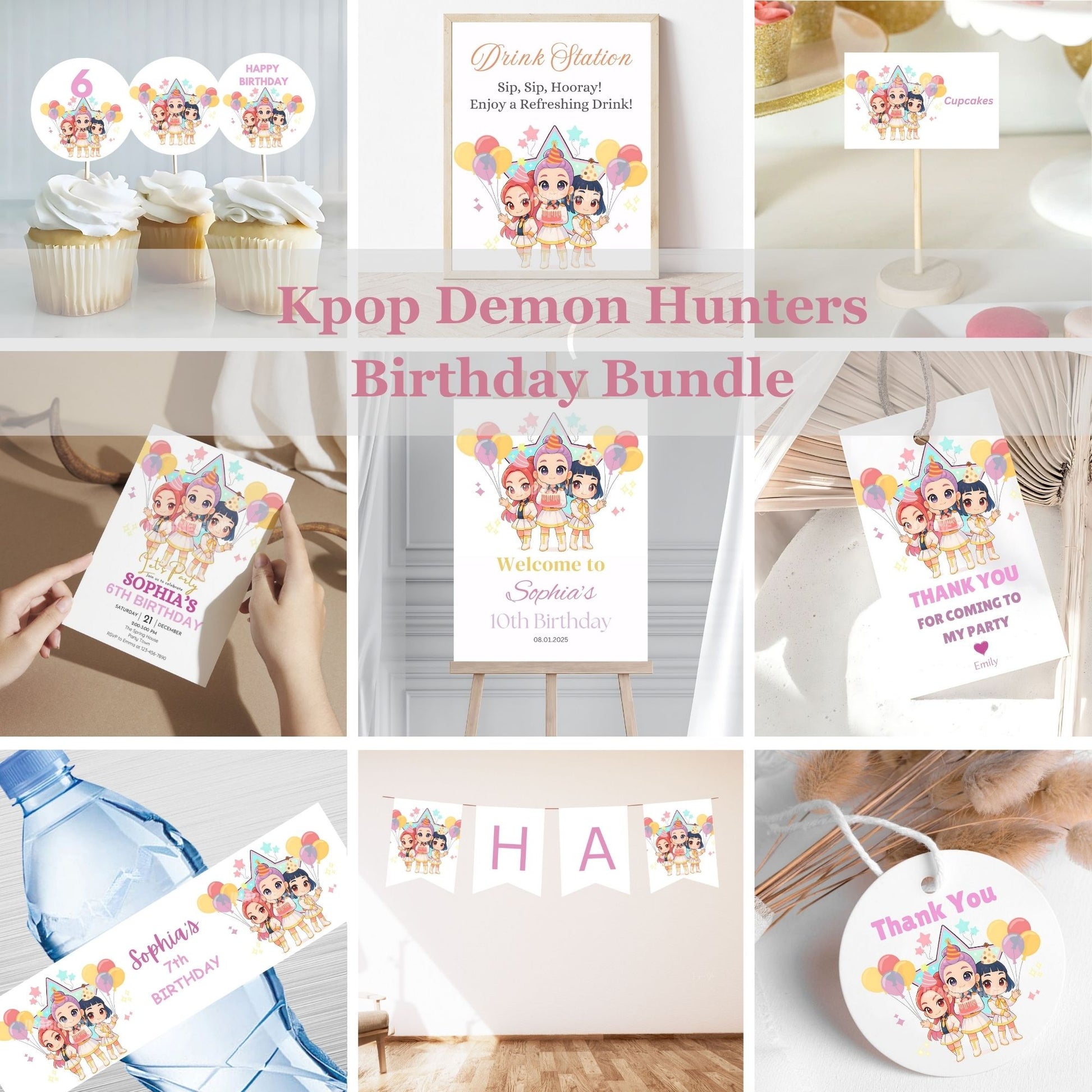 Kpop Demon Hunters Birthday Bundle with various party items on a white background