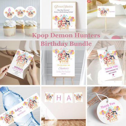 Kpop Demon Hunters Birthday Bundle with various party items on a white background