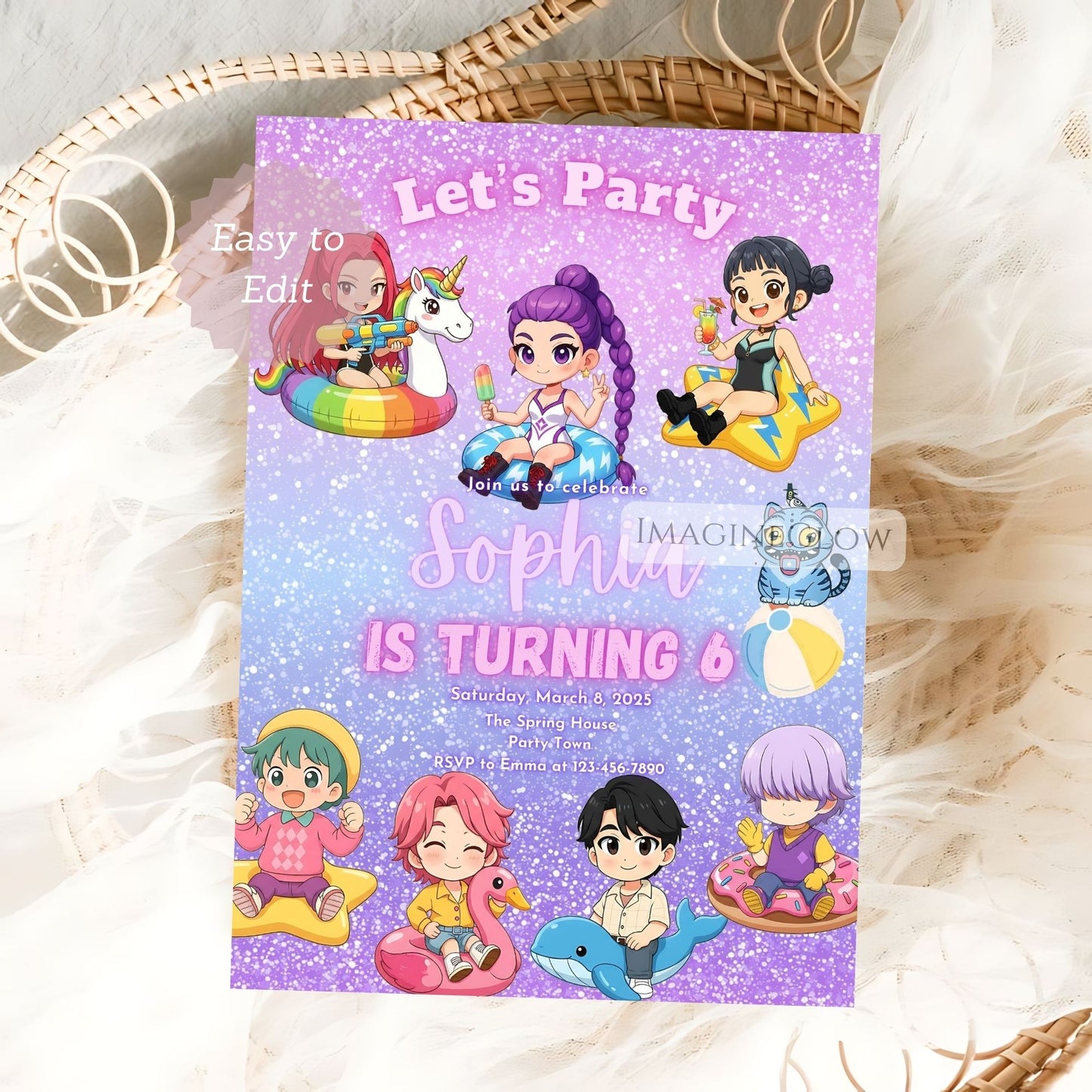 anime summer swim party invite
