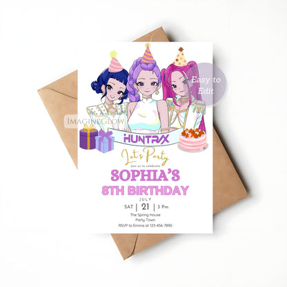 unique kpop birthday template
huntrix kpop invitation design
