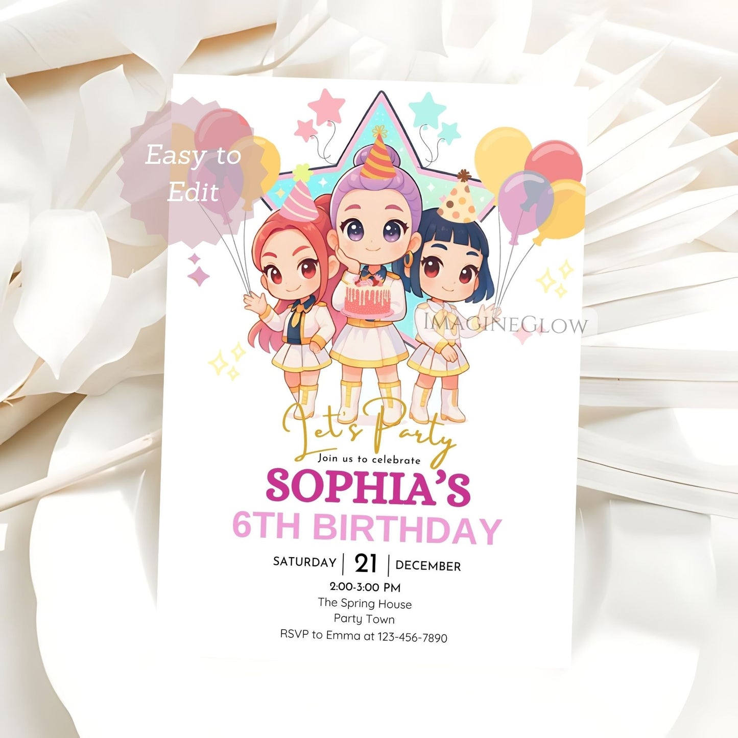 anime kpop huntrix birthday invitation
digital kpop demon hunters party invite
