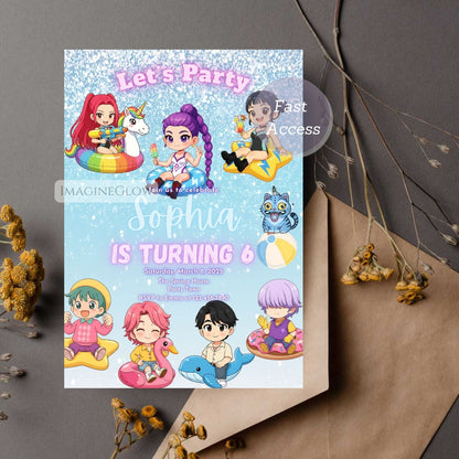 demon hunters pool party invite
anime birthday pool party invitation
