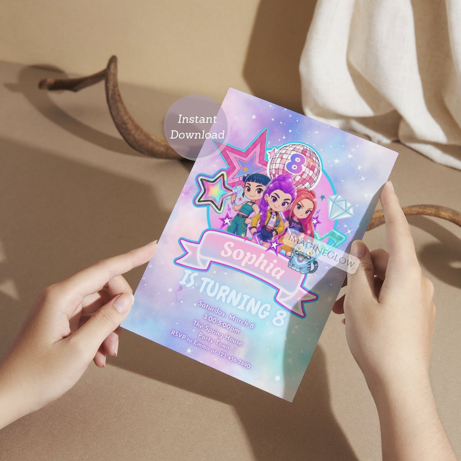 KPOP anime style birthday invitation with girl character
