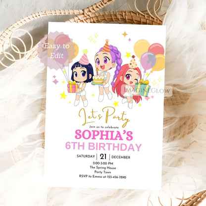 huntrix kpop birthday party invitation
editable kpop anime invite template
