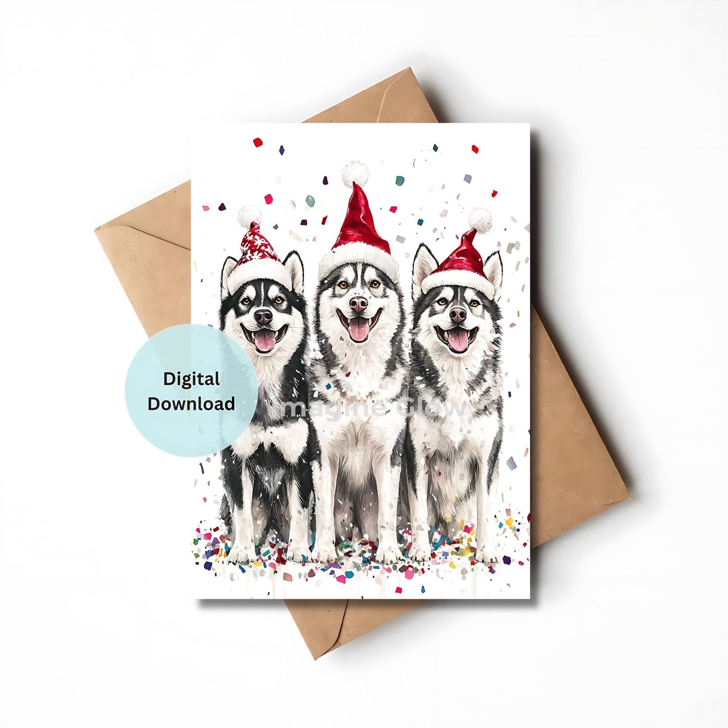 Siberian Husky Christmas card with winter holiday theme