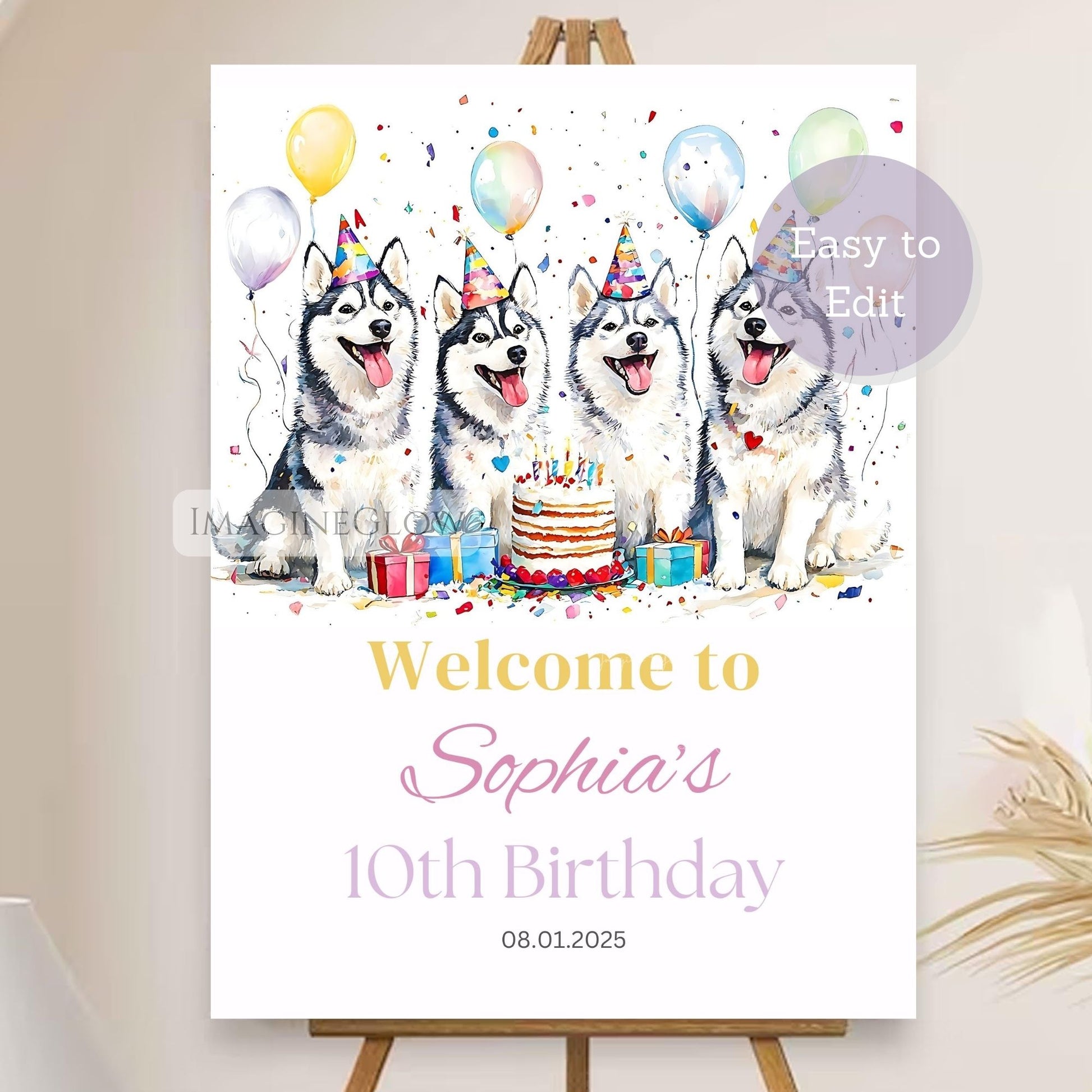 Birthday party poster with four husky dogs, balloons, and a cake on a white background.