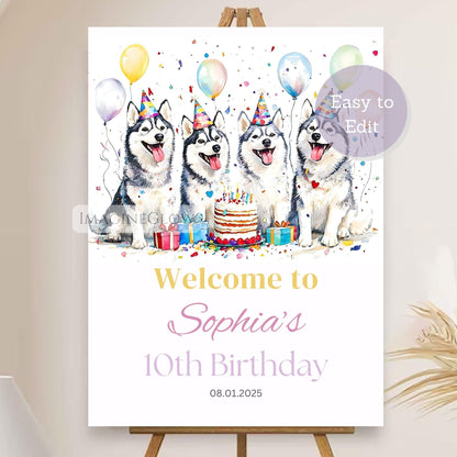 Birthday party poster with four husky dogs, balloons, and a cake on a white background.
