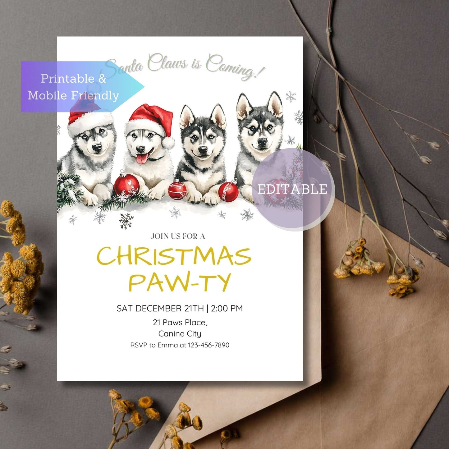 Husky Dog Christmas Party Invitation Template - Editable Holiday Invite