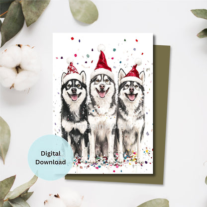 Printable holiday greeting card featuring a Siberian Husky