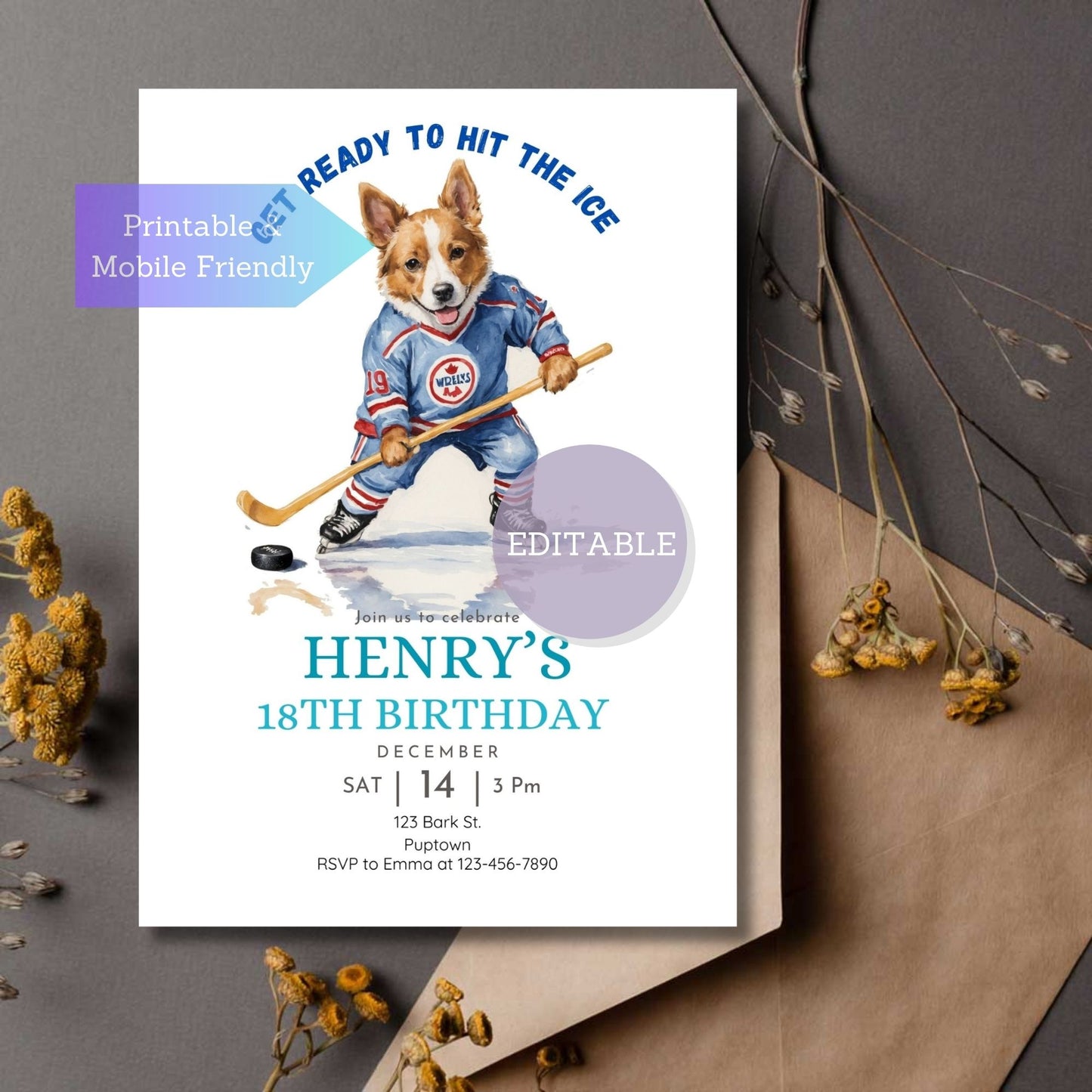 Ice Hockey Birthday Invitation Template - Editable Sport Party Invite